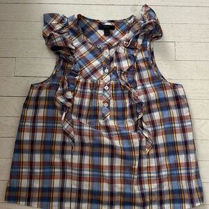 j crew plaid sleeveless shirt with button and ruffle detail.